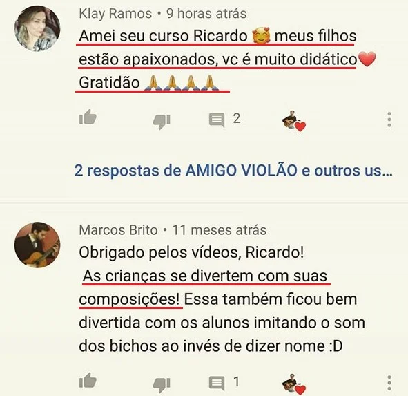 Comentários de pais sobre as aulas de violão para crianças do Amigo Violão
