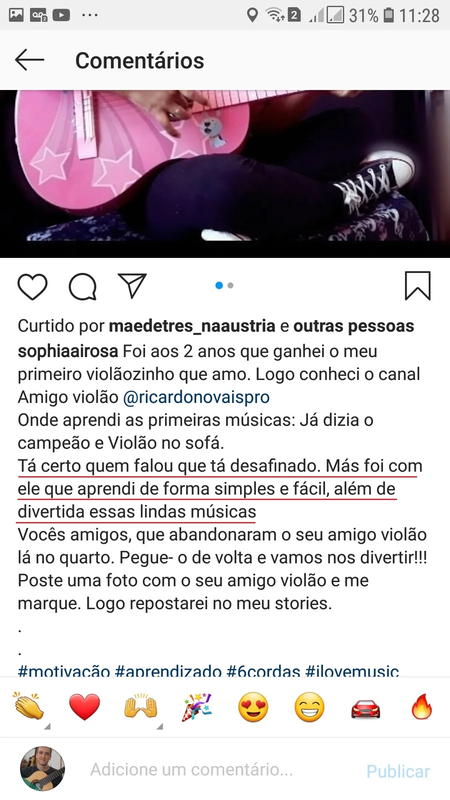Depoimento no Instagram de aluna que aprendeu violão com o Amigo Violão ainda criança