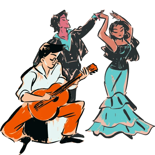 Ilustração de um violonista acompanhando um casal que dança flamenco