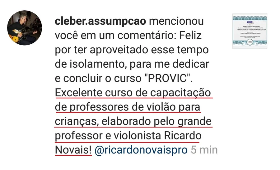 Menção de Cleber Assumpção sobre a conclusão do curso PROVIC